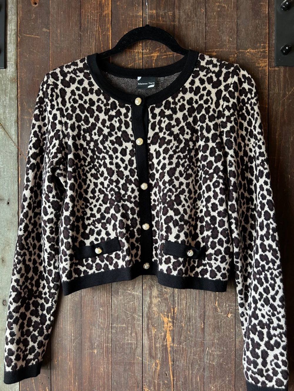 Maison Tara Black & Cream Leopard Print Pearl-Button Cropped Cardigan